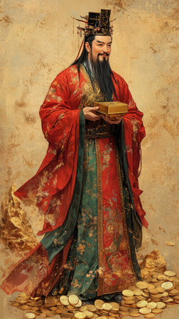 Wealthy chinese emperor standing on a pile of gold coins is holding a treasure chest in traditional clothing and a royal headpieceの素材
