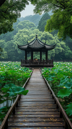 Traditional Chinese wooden building standing on a lake with green trees in the backgroundの素材