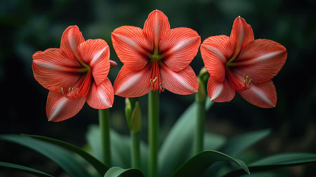 Three amaryllis flowers blooming in a terracotta pot, adding a touch of elegance to a serene settingの素材