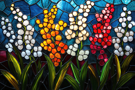 Beautiful stained glass window depicting white flowers with orange centers and green leaves, with a colorful sunset in the backgroundの素材
