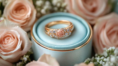 Golden engagement ring with diamonds and rose design resting in a blue velvet ring box surrounded by roses, capturing the essence of love and commitmentの素材