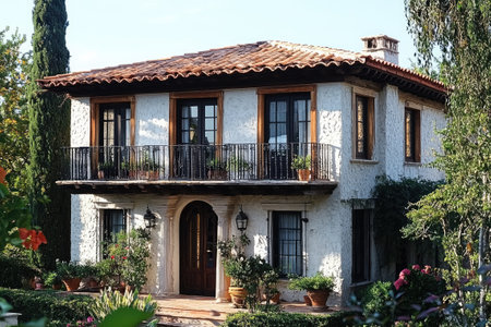 Mediterranean style house with a swimming pool and lush landscaping is bathed in warm morning sunlightの素材