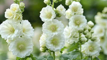 White hollyhock flowers are blooming on their stems, with green leaves and a blurred green backgroundの素材