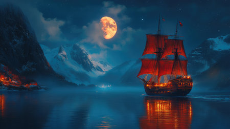 Majestic ship with red sails is sailing on a calm sea by snowy mountains under a full moonの素材