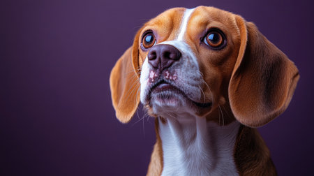 Beagle dog is posing on a purple background, looking up with curiosityの素材