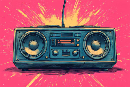 Vintage boombox with antenna up is playing musicの素材