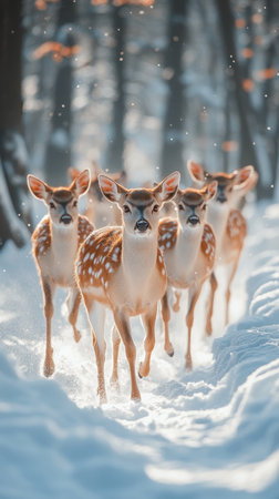 Herd of young deer running through the forest on a beautiful snowy winter dayの素材