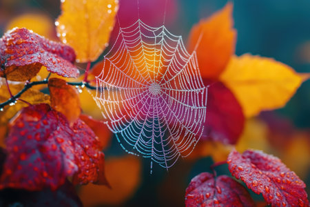 Spider web glistening with morning dew clinging to colorful autumn leavesの素材