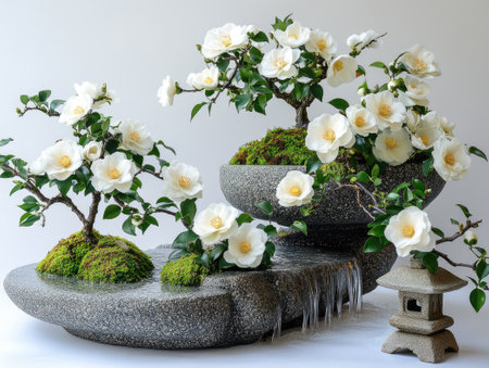 Beautiful miniature of camellia tree full of white flowers, growing on a rock with small waterfallの素材