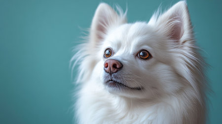 White puppy dog with brown eyes is looking up with hope on a green backgroundの素材