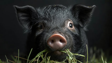 Black piglet is chewing on a mouthful of fresh green grass in front of a black backgroundの素材