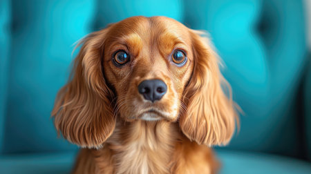 Cavalier king charles spaniel dog is posing on a turquoise backgroundの素材