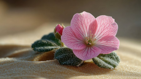 Delicate pink flower with visible structure growing on sand with blurred backgroundの素材