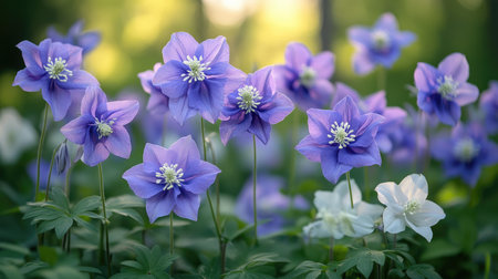 Beautiful purple and white anemone flowers blooming in a spring gardenの素材