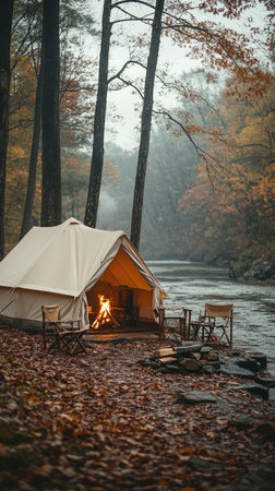 Canvas tent glowing with warm light is nestled in an autumnal forest beside a misty river, a campfire burning brightly in the foregroundの素材