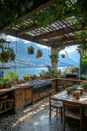 Rustic outdoor kitchen with a barbecue and a table full of vegetables, overlooking a lake surrounded by mountainsの素材