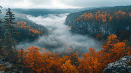 Low lying fog is filling the valley of a dense forest with vibrant fall colorsの素材