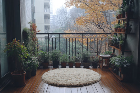 Modern balcony garden with lush greenery and wooden planters adding a touch of tranquility to urban livingの素材