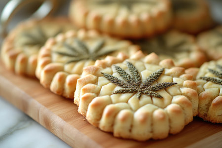 Freshly baked peanut cookies showing cannabis leaf design resting on plate are waiting to be eatenの素材