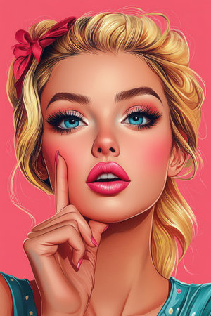 Beautiful blonde woman with blue eyes and pink lipstick touching her face and thinking on pink backgroundの素材