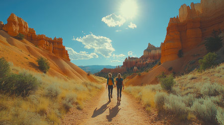 Two women are enjoying a sunny day hiking on a trail in Bryce Canyon National Parkの素材
