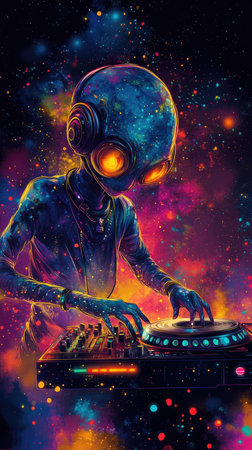 Alien disc jockey mixing music on planet earth with city skyline backgroundの素材