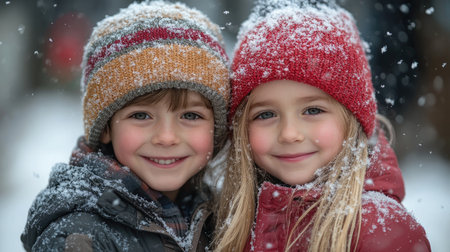 Two young children are bundled up in warm winter clothes and lying on their stomachs in the snow while it snowsの素材
