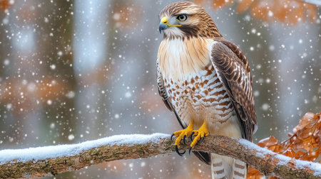 Red tailed hawk perching on a snow covered branch while snowflakes fall around itの素材