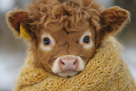 Young woman farmer is holding a very small adorable highland cattle calf in her armsの素材