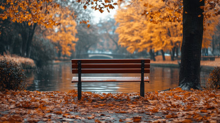 Empty bench is waiting for someone to sit down and enjoy the beauty of the forest on a beautiful autumn dayの素材