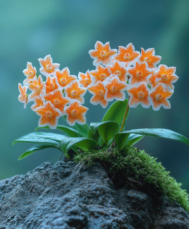 Yellow orchids are blooming on a rock under a tropical rainの素材