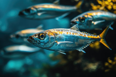 A school of fish is swimming through a vibrant coral reef in the oceanの素材