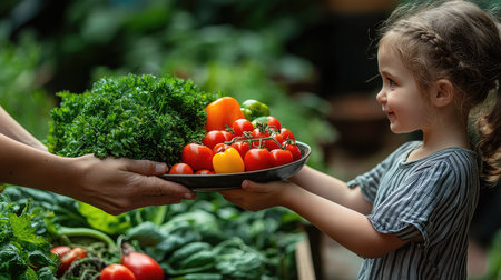 A young girl with a delighted expression holds a bowl overflowing with various vibrant vegetables, symbolizing healthy eating and the joy of fresh produce in nature.の素材