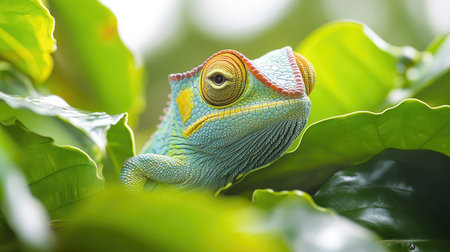 This image displays a vibrant chameleon with intricate patterns and bright colors blending seamlessly into its leafy natural habitat, showcasing the marvels of wildlife camouflage.の素材