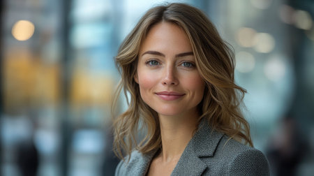 Businesswoman is smiling in a modern office buildingの素材