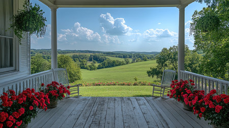 A picturesque scene of a lush green landscape viewed from a porch adorned with vibrant red flowers, capturing the tranquility and beauty of the outdoors on a bright day.の素材