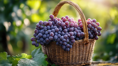 A woven basket overflowing with vibrant purple grapes set against the backdrop of a lush vineyard, capturing the essence of harvest season in a sunlit countryside.の素材