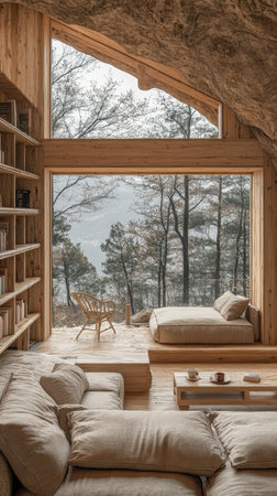 A cozy room with a plush armchair, wooden coffee table, and open book, featuring large glass windows overlooking a serene forest view with autumn foliage.の素材
