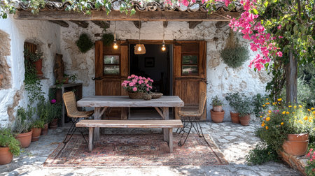 Charming rustic outdoor patio featuring a central wooden dining table, surrounded by lush greenery, hanging lights, potted plants, and a cozy seating area with pillows and rugs.の素材