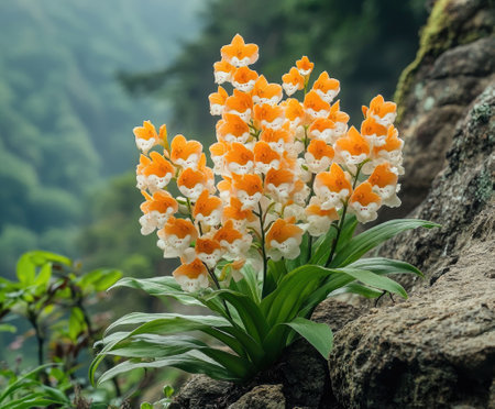A tall stalk of vibrant orange flowers stands out against the misty, green mountain landscape, inviting viewers to appreciate the beauty of nature and tranquility of the scene.の素材