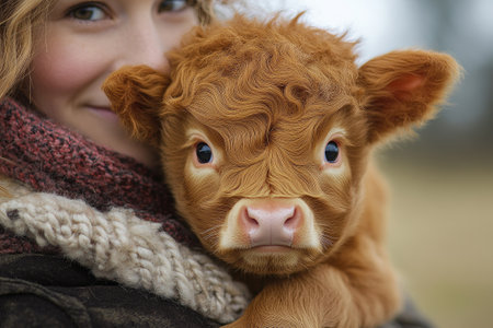 Young woman farmer is holding a very small adorable highland cattle calf in her armsの素材