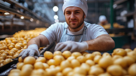 A man in a flat cap and work attire sorts through a large batch of freshly harvested potatoes, symbolizing hard work and dedication in an industrial setting.の素材