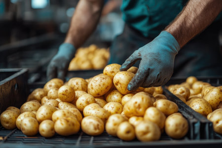 The image captures a young man in work attire sorting and organizing freshly harvested potatoes on a bustling factory conveyor belt, showcasing a lively industrial atmosphere.の素材