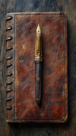 A beautifully crafted brown leather notebook, adorned with a classic gold and wood fountain pen placed on top, symbolizing elegance and timeless writing tools.の素材