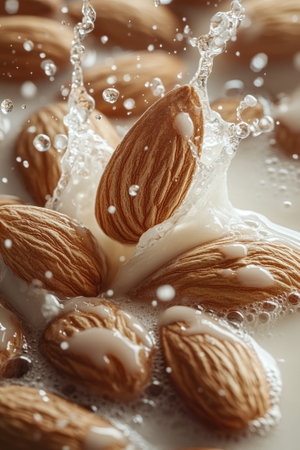 Almonds splashing into a bowl of almond milk, creating a milky splashの素材