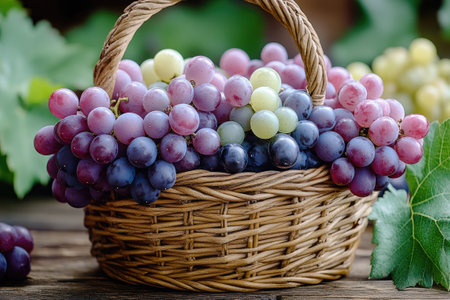 A woven basket overflowing with vibrant purple grapes set against the backdrop of a lush vineyard, capturing the essence of harvest season in a sunlit countryside.の素材