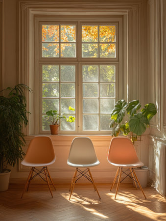 Sunlight streaming through a window illuminates three empty chairs and potted plants in a room with hardwood floorsの素材
