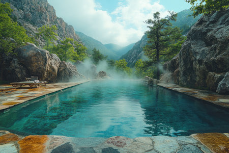 Steaming turquoise water flowing through a rocky hot spring surrounded by green trees and mountainsの素材