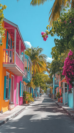 A sandy pathway framed by vibrant, colorful shops, and lush palm trees on a sunny day, creating a picturesque tropical scene perfect for relaxation and exploration.の素材