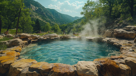 Tourists enjoying a relaxing bath in natural hot springs surrounded by rocks and a green valleyの素材